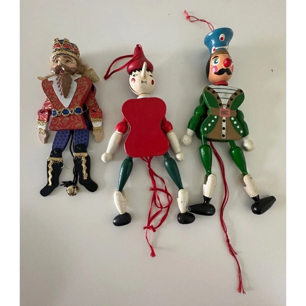 Pull String Wood King Pinocchio Nutcracker Christmas‎ Ornament 3 Pc Painted